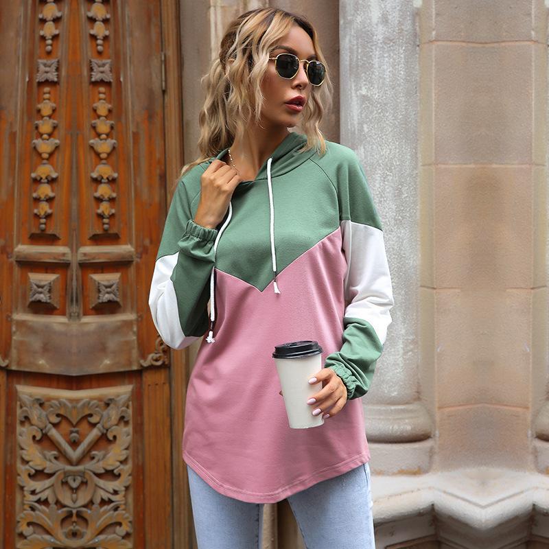 

Повседневный комфорт и универсальность женские топы осень и зима женская длинная рукава цветная блокировка с капюшоном розовая толстовка L розовый