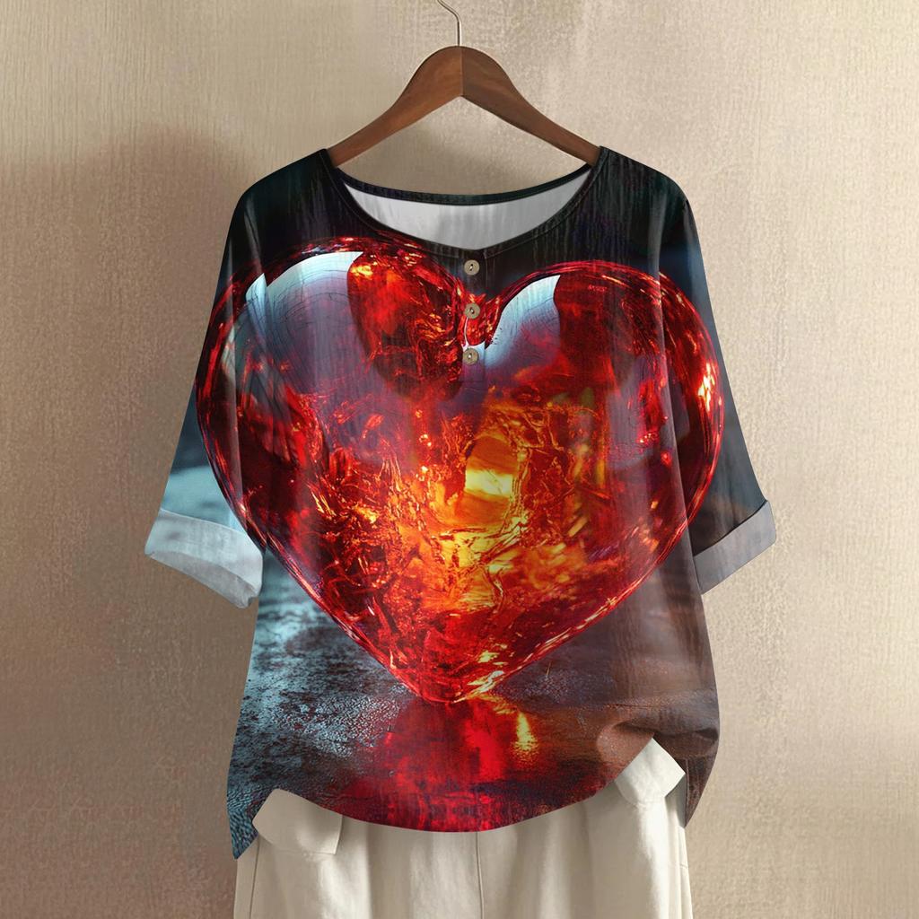 Damska casualowa i wygodna bawełniano-lniana bluzka z okrągłym dekoltem, średniej długości, z modnym nadrukiem