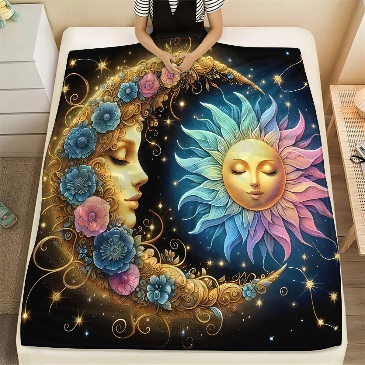 [Soft Flannel Throw Blanket] 1pc Soft & Warm Flannel Throw Blanket with Moon and Sun Pattern | Lightweight, Comfortable for Sofa 70x100cm