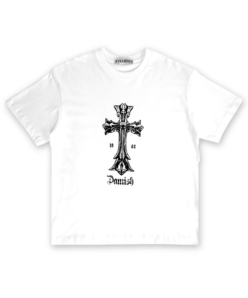 Damiswi Vintage Cracked Cross Graphic T-Shirt_White
