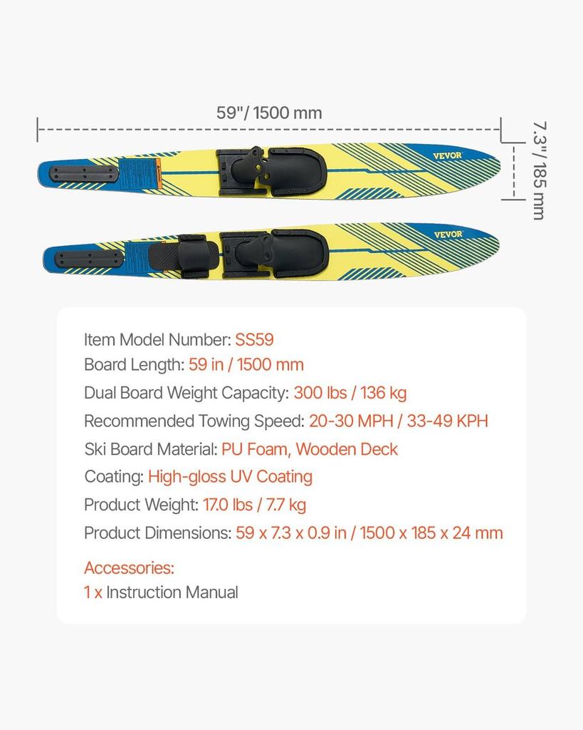 Sci d'acqua combo da 150 cm per adulti Sci d'acqua con attacchi regolabili X-7