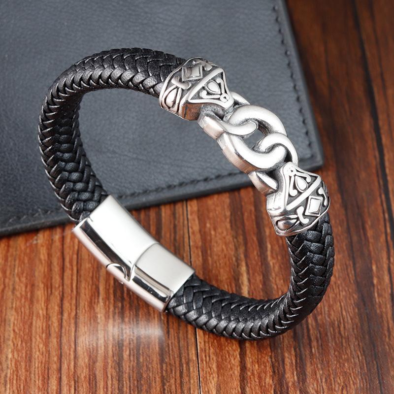 21CM Men Hand-woven Leather Rope Bracelet Black Hip Hop Vintage Chain Bracelet Male Stainless Steel Jewelry