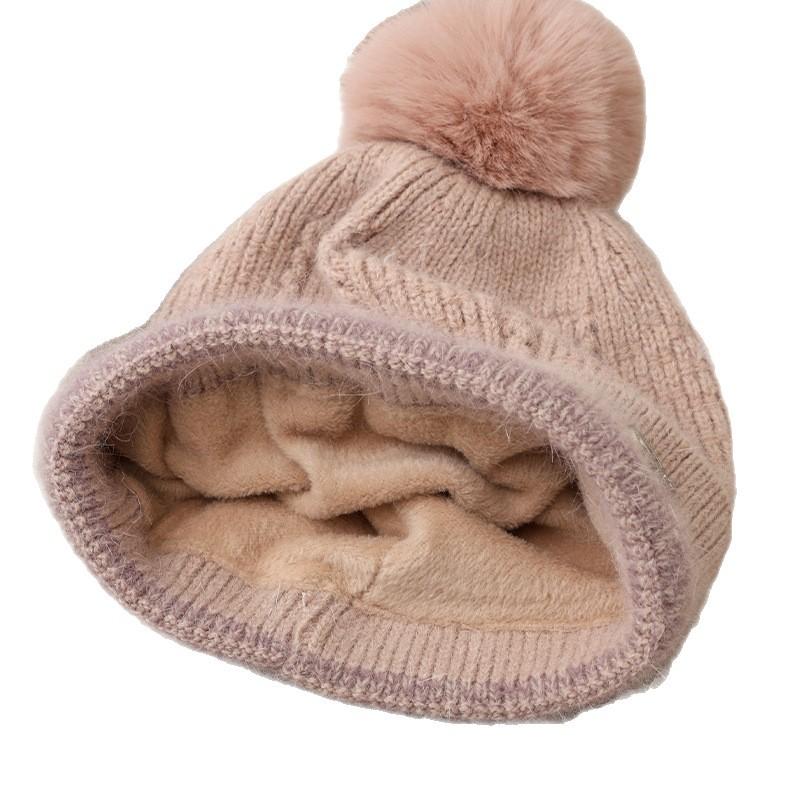 Cute R-mark Plus Velvet Rabbit Wool Knitted Wool Hat for Autumn and Winter Outdoor Travel Windproof and Warm Hat Showing Small Face