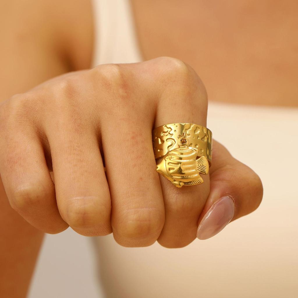 Stainless Steel Starfish & Seashell Open Ring - Ocean Holiday Style Jewelry for Women