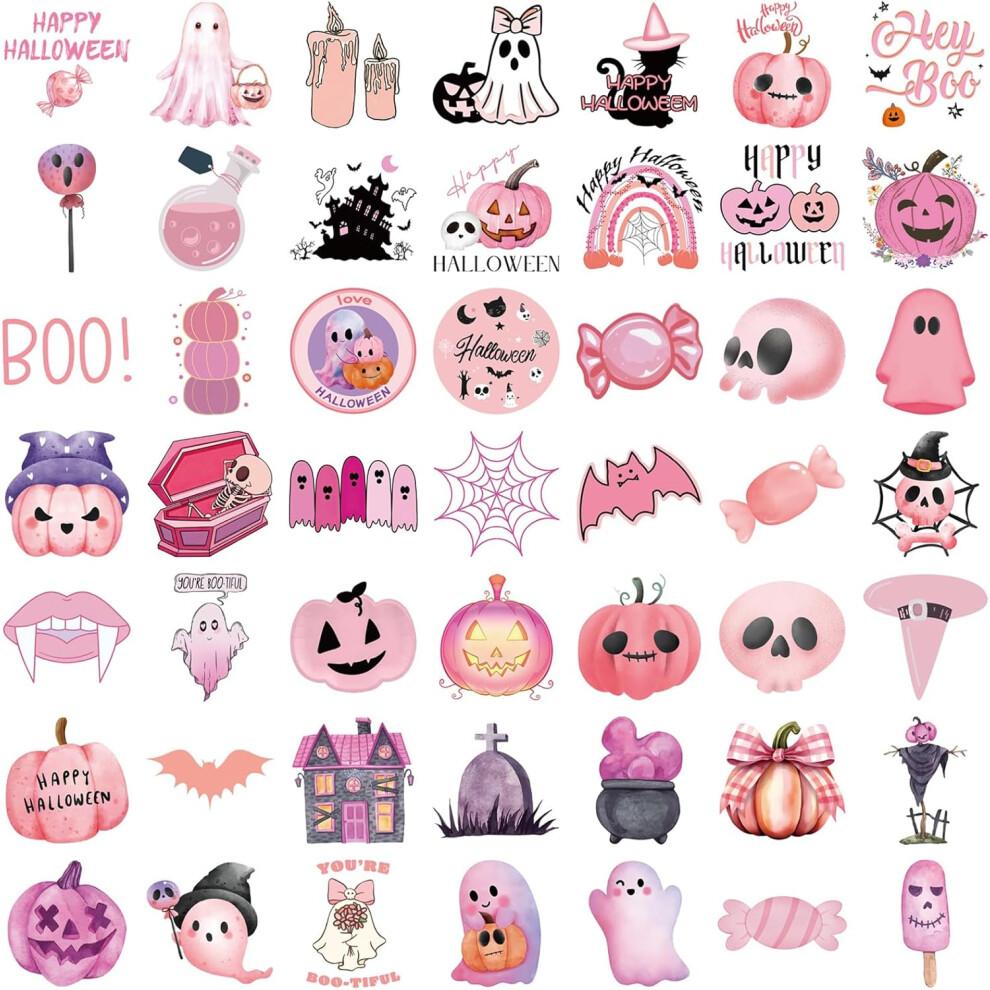 50pcs Kawaii Pink Halloween Stickers - Ghost & Pumpkin Theme, Waterproof Vinyl Decals for Kids Youth & Adults Holiday Party Favors & Gifts