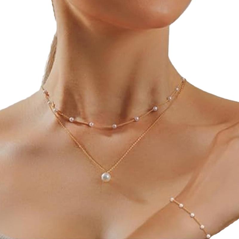 Chic Double Strand Choker Set Imitation Pearls Accents Alloy Clavicle Chain Jewelry For Daily Use