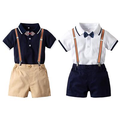 Toddler 2pcs//set Bowknot Decor Boys Kid Summer O-neck Solid Tops+Casual Trousers
