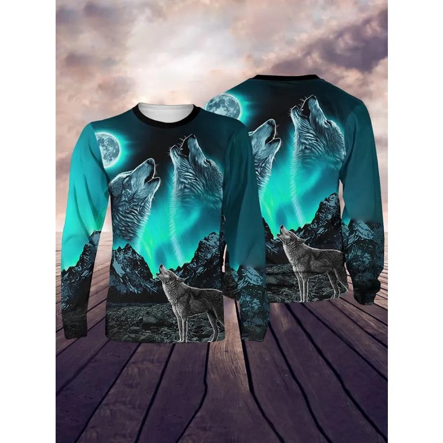 T Shirt for Mens Wolf Pattern Print Long Sleeve Leisure 3D Polyester Man's T-shirts