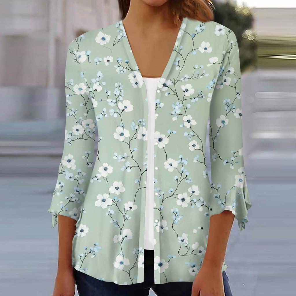 Women's Fashion Loose Casual Printed Seven-Part Sleeve Button Down Blouse Cardigan Top