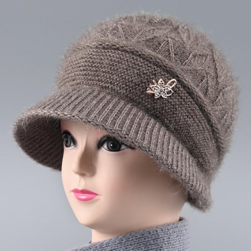 Hat Female Autumn and Winter Rabbit Hair Big Eaves Knitted Hat Old Hat Old Lady Fleece Warm Wool Hat