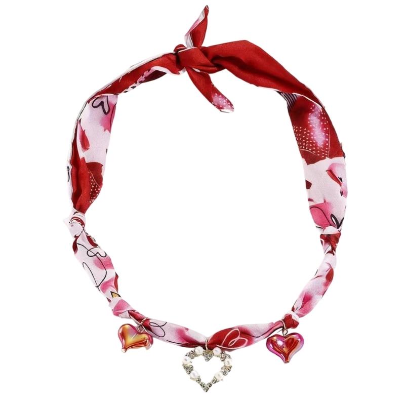 Stylish Silk Scarf Necklace With Alloy Pendants Multilayer Floral Heart Designs Fashion Accessory красный