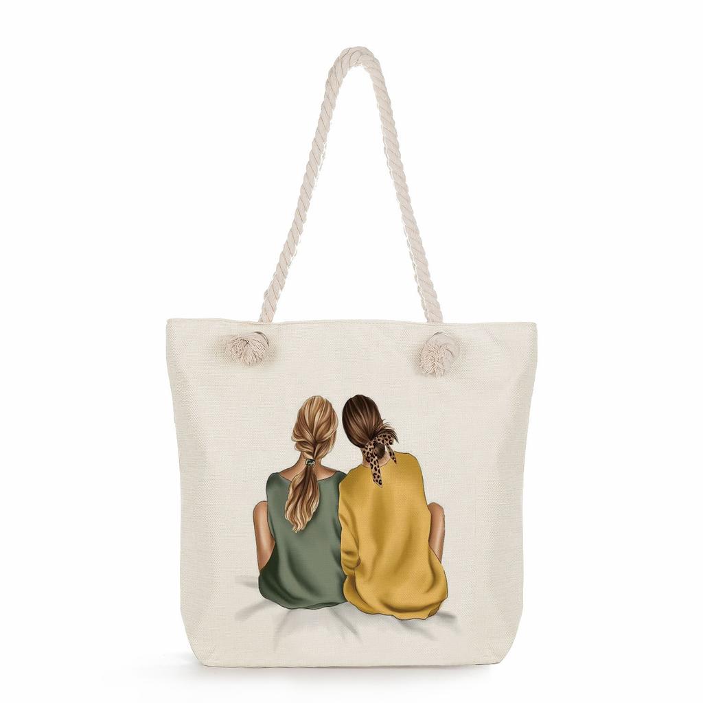 Sisters Print Thick Rope Single-shoulder Beach Bag 7275 CLE