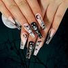 Halloween Press On Nails Extra Long Coffin Shape Black White Skeleton Pumpkin Spider Web 24Pcs