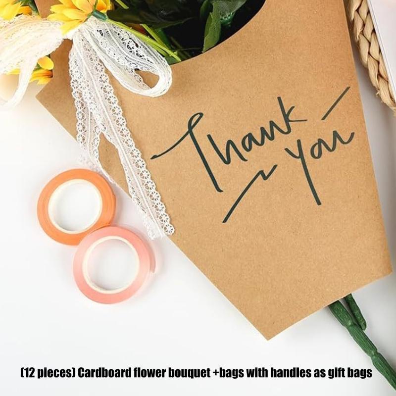 Flower Arrangement Bags with Top Handle, 12 Brown Paper Bouquet Wrap Bag for Carrying Flower, Packaging Party Favors, and Birthday, Wedding