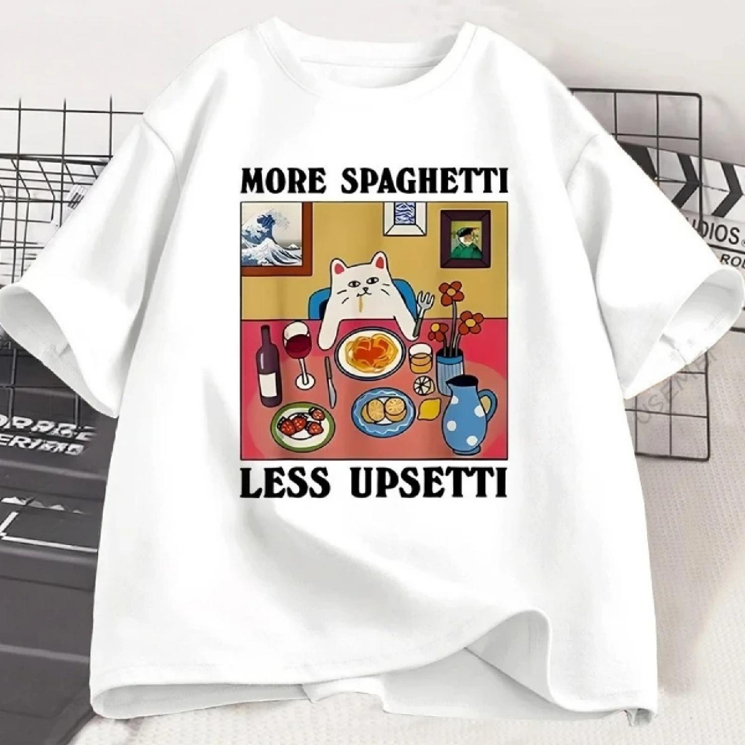 More Spaghetti Less Upsetti Funny Cat T-Shirt Women Printed T Shirt Harajuku O Neck Short Sleeve Tee Shirt Cat Lover Women Y2K XXXXXL белый