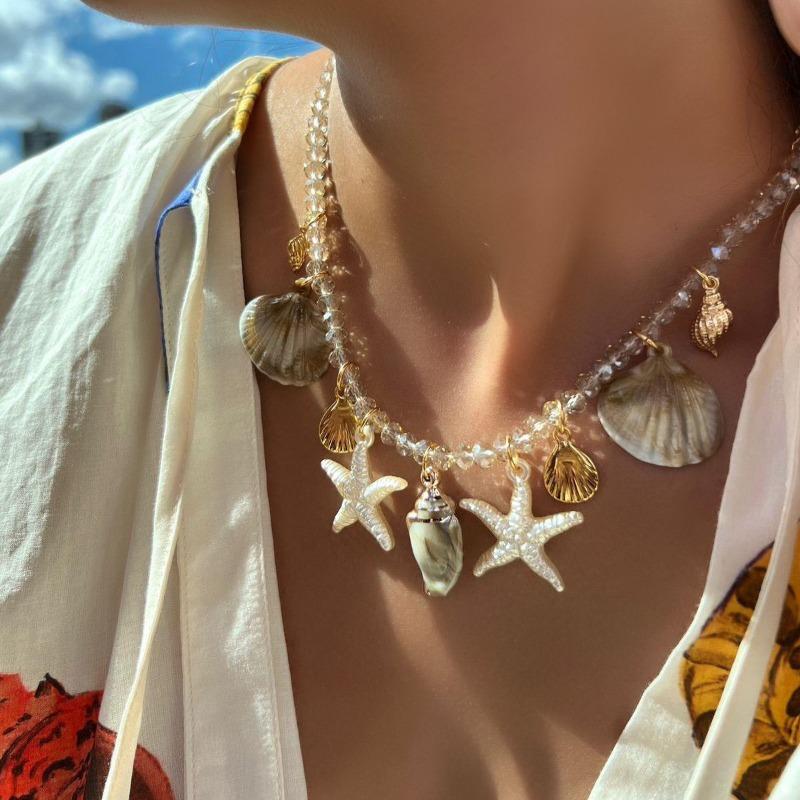 Bohemian Shell Pendant Ocean Wind Starfish Beaded Rope Chain Women's Personality Design Jewelry Necklace