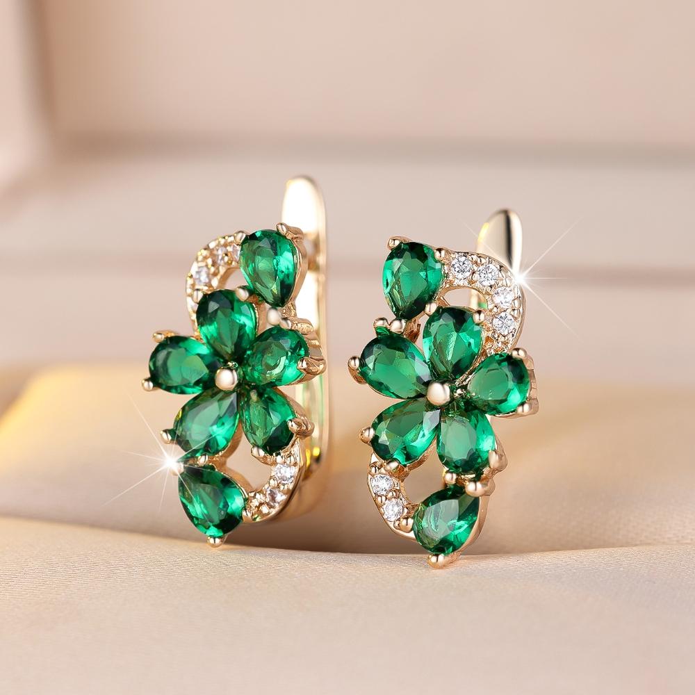 Exquisite Blue Green Purple Pink Zircon Flowers Drop Earrings for Women Gold Color Wedding Party Jewelry Gift
