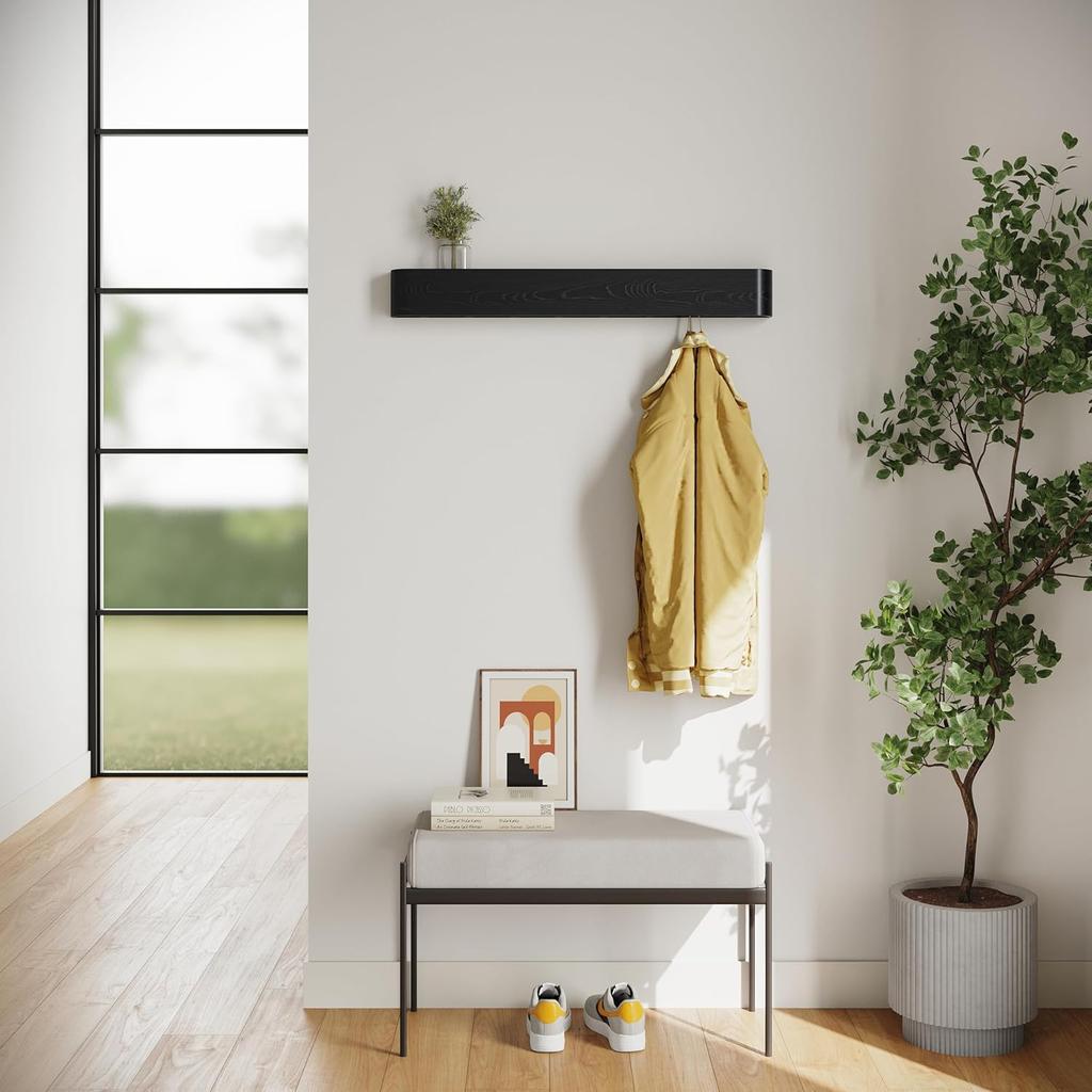 Wall Mounted Coat Rack, Modern Design Coat Rack with Hidden Wall Hooks - Solid Wood Veneer Panel Coat Hanger Walnut,1pc