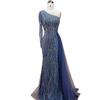 Blue one-shoulder long-sleeved feather fishtail long dress light luxury temperament celebrity banquet officiating dress LA11189