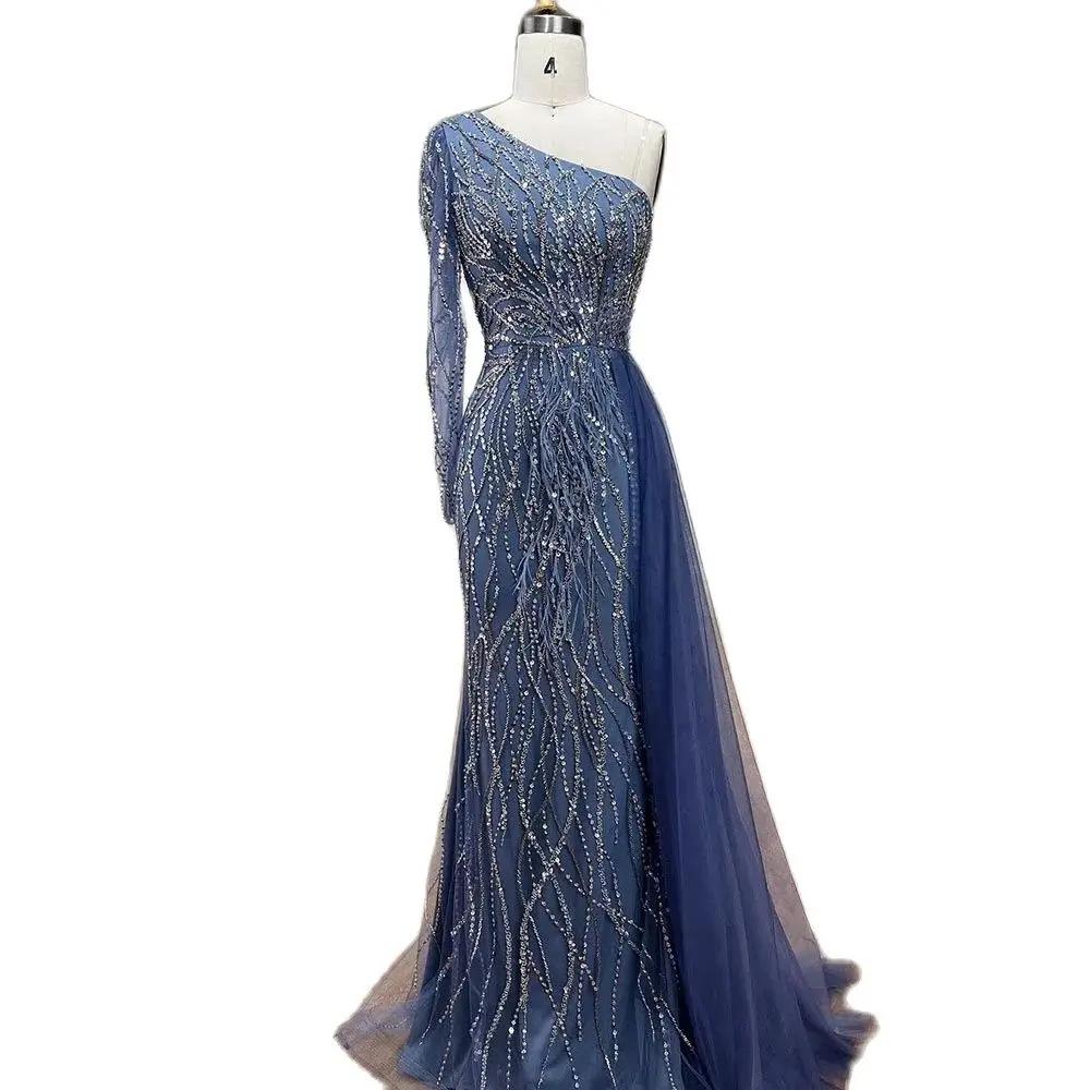 Blue one-shoulder long-sleeved feather fishtail long dress light luxury temperament celebrity banquet officiating dress LA11189