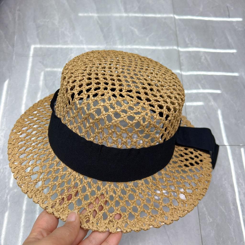 Handwoven Raffia Straw Fedora Hat with Black Ribbon Breathable Hollow Out Mesh Sun Hat for Women Summer Beach Hat