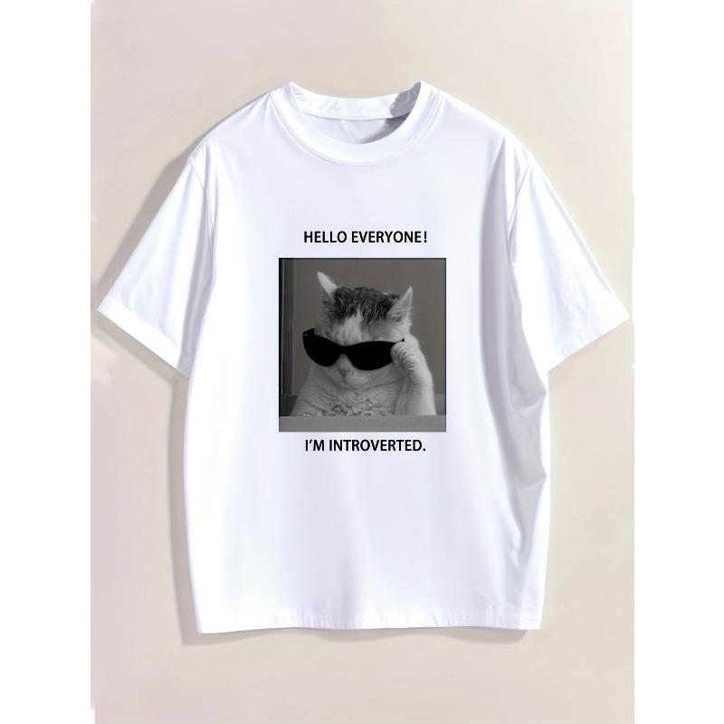 

Men s Casual Cat Graphic T-Shirt - Hello Everyone! I m Introverted Funny Print,Breathable,Crew Neck,Short Sleeve for Summer Outings and Street Style S белый