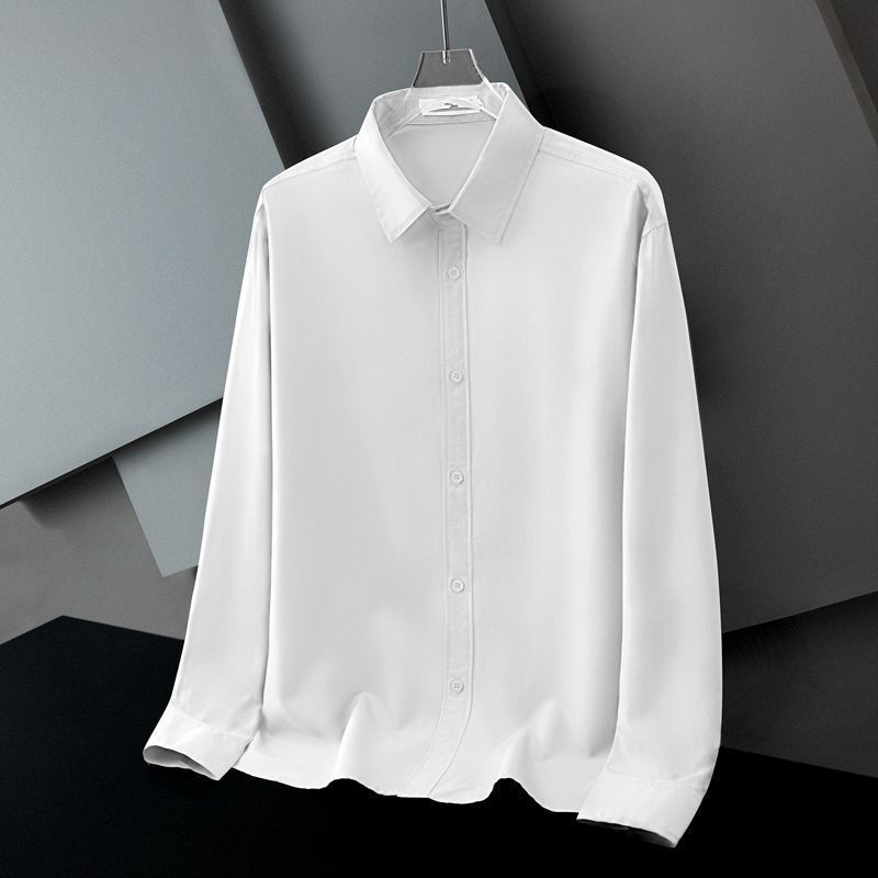 Spring and Autumn Business and Leisure Minimalist Flip Collar Silk Smooth Non Ironing Breathable Elastic Shirt for Men