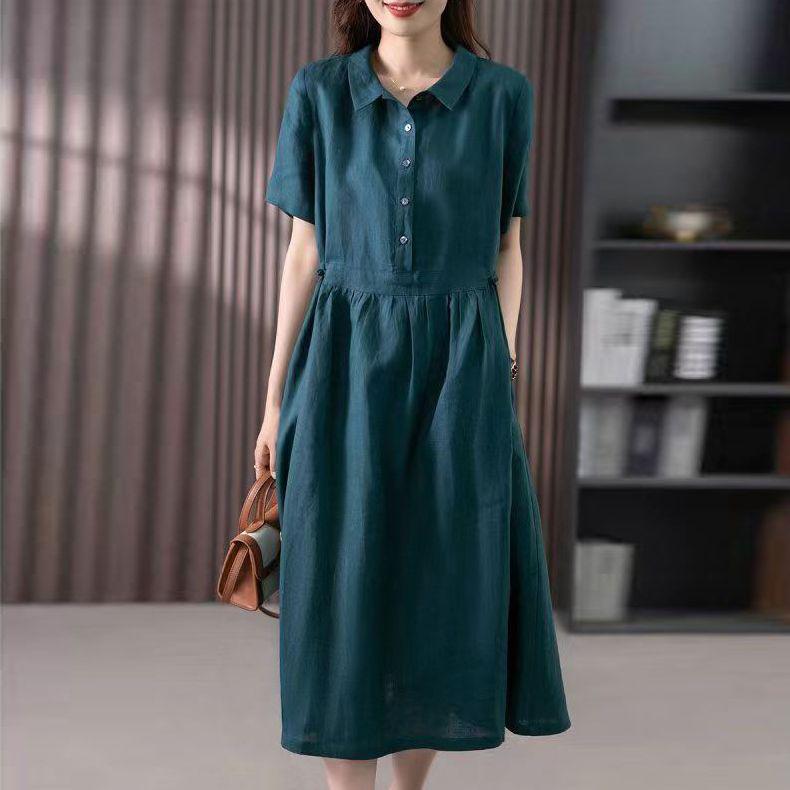 

Solid Color Cotton Linen Lapel Shirt Dress - Women s Slimming Short Sleeve, Mother s Style, 2026 Fashion. M (90-110 jin)