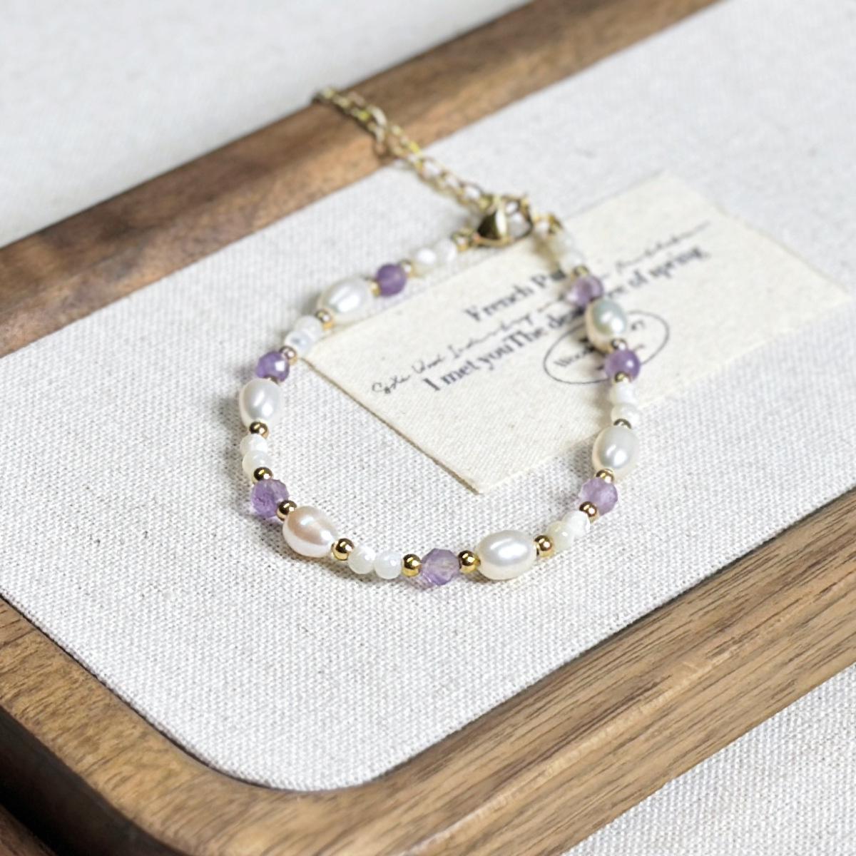 Elegant Freshwater Pearl & Amethyst Crystal Bracelet with Titanium Steel, Beaded Design for Women