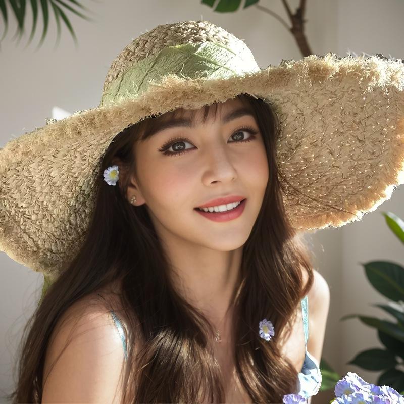 Big brim French bow raffia hat women's sunshade sunscreen hat seaside scenic beach vacation woven hat