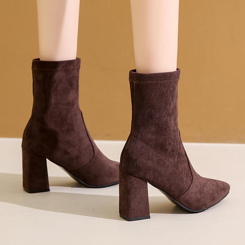 Elegant Faux Suede High Heel Ankle Boots Woman Fashion Slip On Pointed Toe Dress Boots Women Office Square Heeled Short Booties