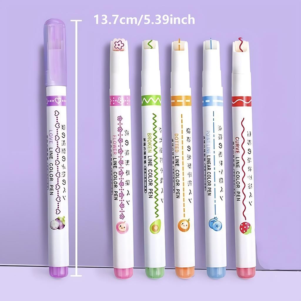 6Pcs Colored Curve Highlighter Pens Set 6 Shapes Roller Tip Marker for Journaling School Supplies