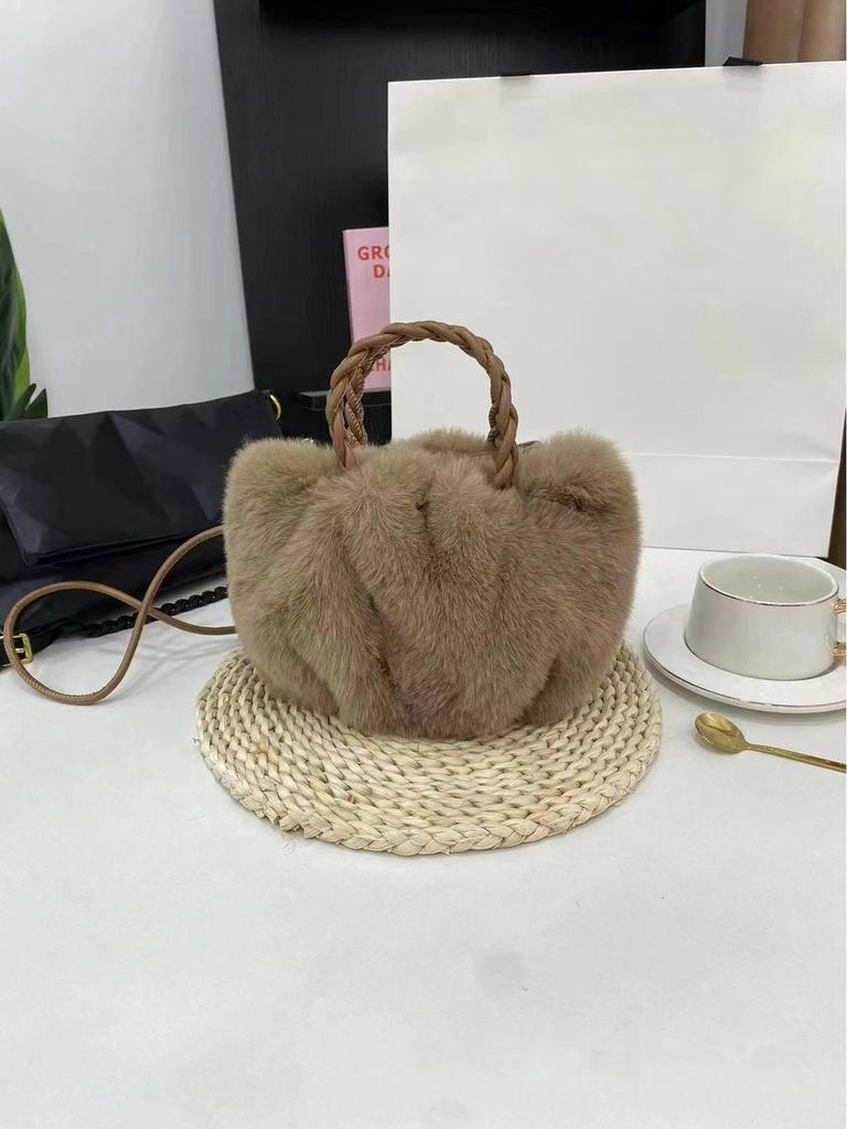 Handheld Fluffy Pumpkin Pleated Cloud Crossbody Bag - Faux Rabbit Fur Plush