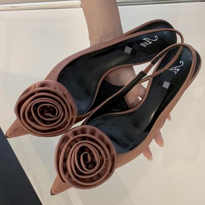 Fashion Elegant Pointed Satin Flower Back Hollow Sexy Slingback Summer Fashion Shoes Women High Heel Wedding Pumps Zapatos De Mujer