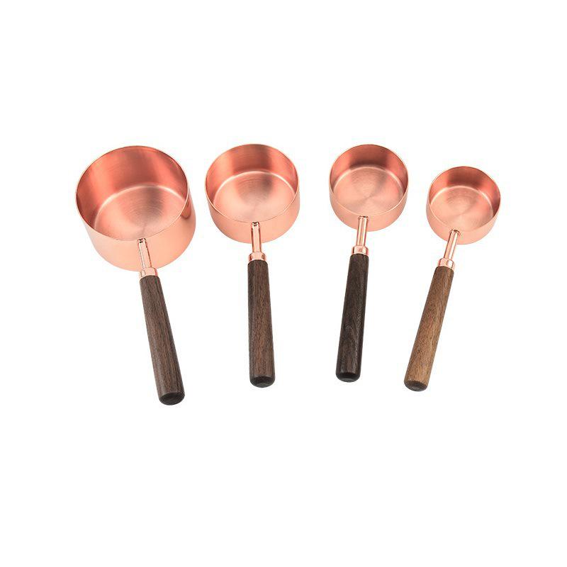 8-Piece Stainless Steel Measuring Cups & Spoons with Walnut Wood Handles & Rose Gold Finish
