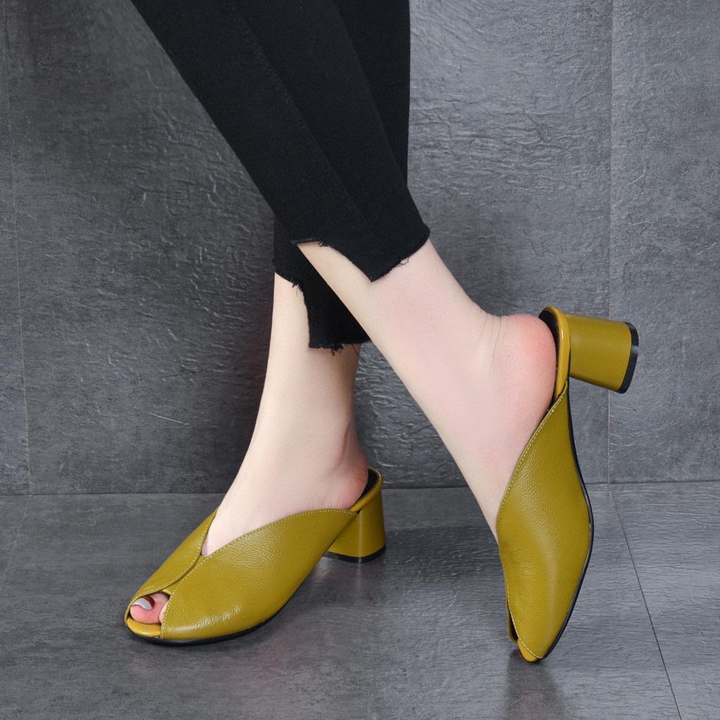 High-heeled outer slippers women's shoes 2025 summer European and American style first-layer cowhide fish mouth thick heel sandals women's fashion