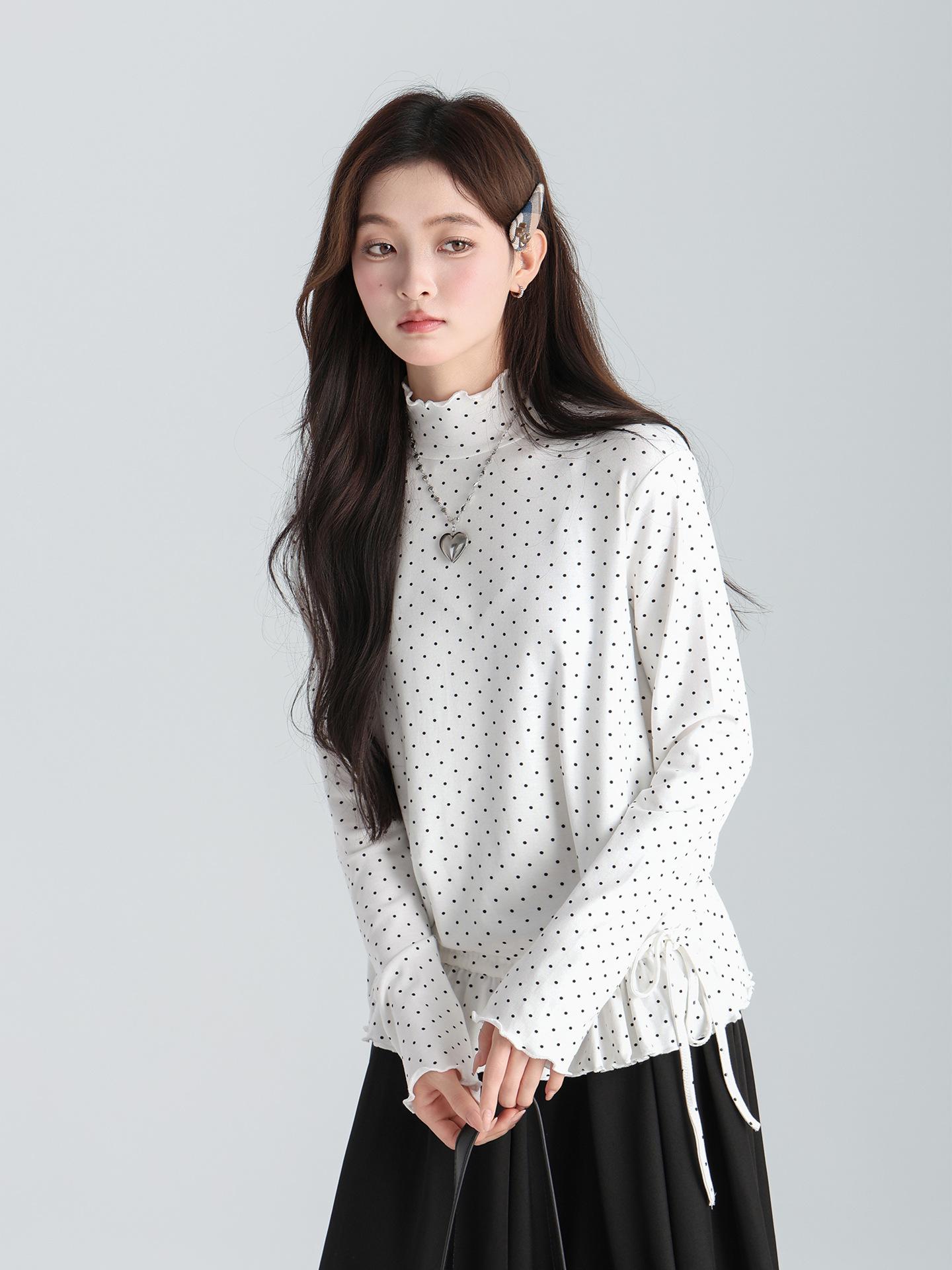 

White semi-turtleneck fungus edge polka dot hem long-sleeved lace T-shirt bottoming shirt with autumn and winter loose top women S белый