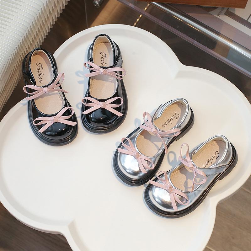 Princess Shoes Girls Leather Shoes 2025 New Spring and Autumn Children's Single Shoes Silver Mary Jane Little Girl Bow Classmate