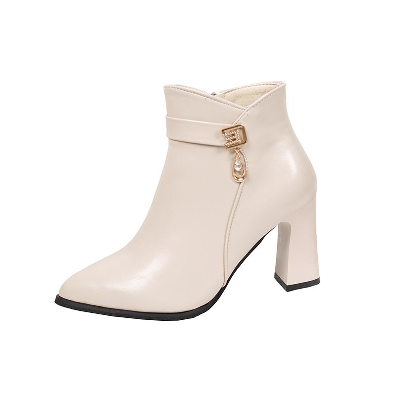 Fashion Rhinestone Metal Buckle Block Heel Single Boots Women's Fall New Pointed Toe Side Zip Non-Slip Shorthole Boots