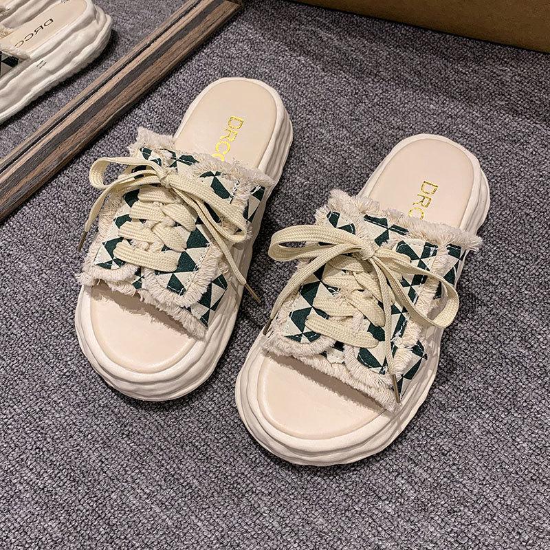 

Dissolved thick-soled canvas slippers women s summer wear 2025 new fashion Internet celebrity explosion lazy high-end sandals 40 зелёный