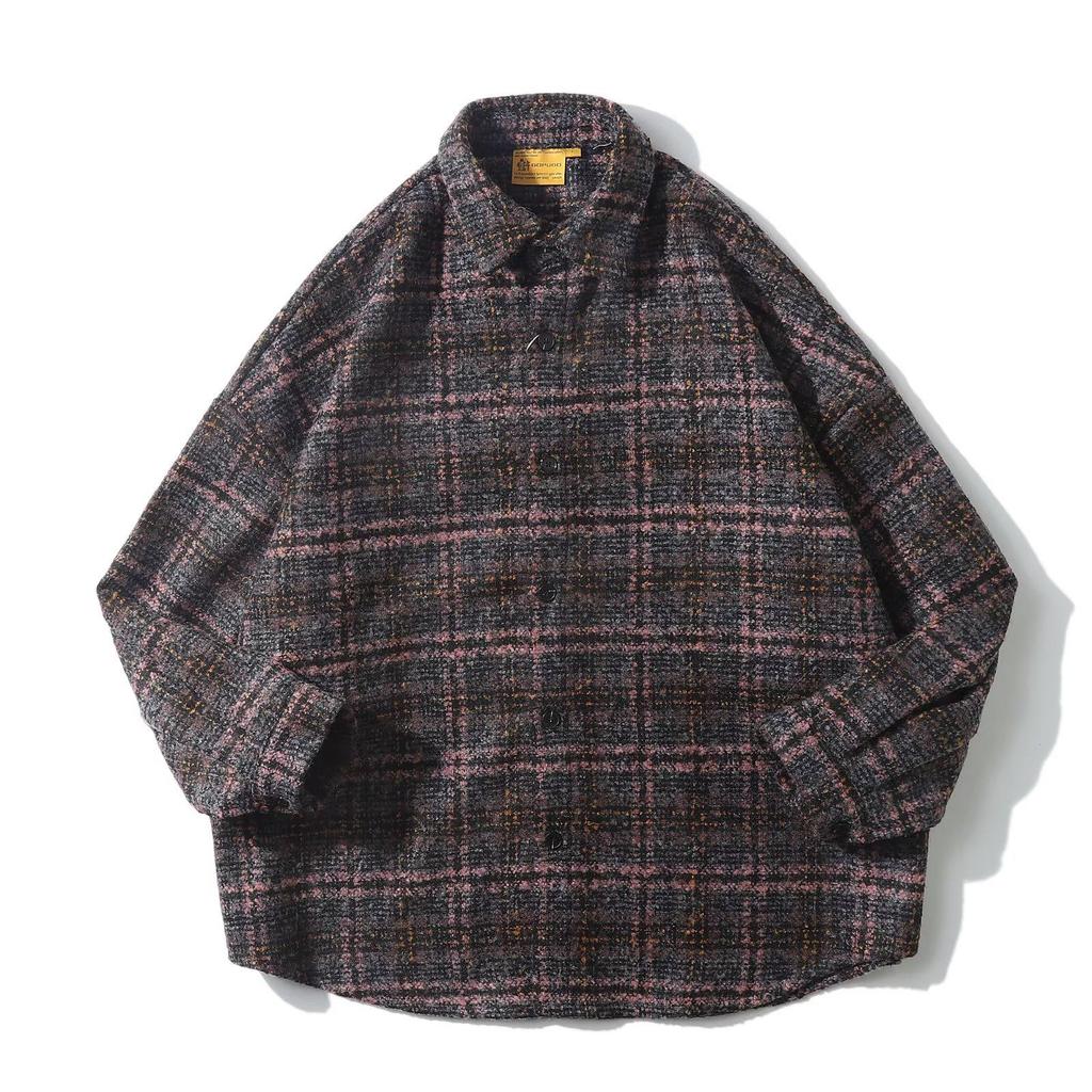 Japanese Retro Plaid Wool Shirt, Men's and Unisex Long Sleeve Jacket, Korean Style Trendy Spring & Fall Casual Wear