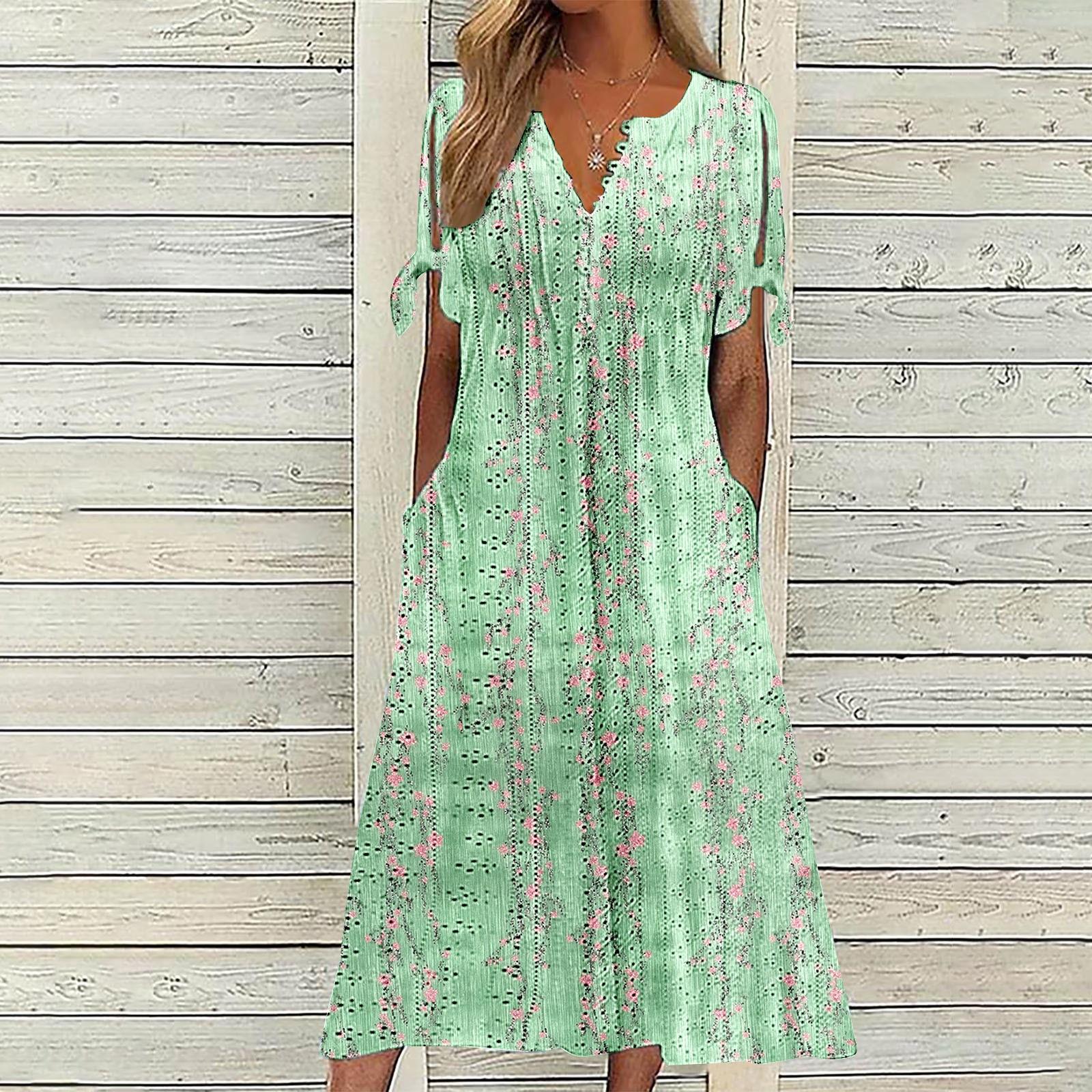 

Женское модное повседневное платье в стиле бохо с круглым вырезом, пуговицами, открытыми плечами, короткими рукавами и карманами XL зелёный