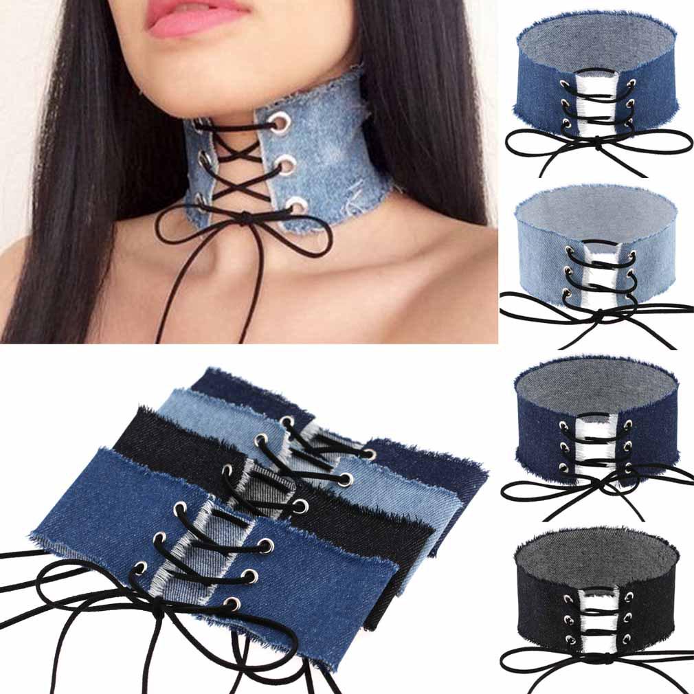 Blue Denim Bow Choker, Raw Edge Wide Denim Tie Bow Clavicle Neckband
