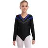 Girls Long Sleeve V Neckline Dance Leotards Shiny Rhinestone Decorated Contrast Color Slim Fit Unitard