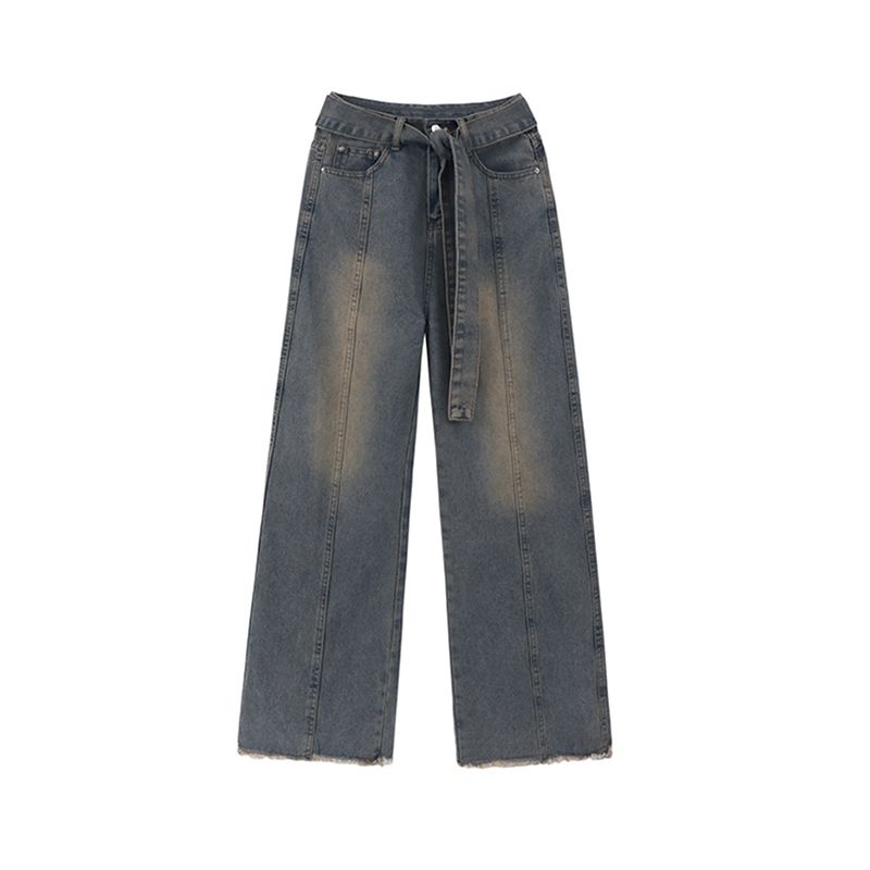 Small Retro American High Street Denim Female Stylish Loose Slim Looking High Waist Straight Wide Leg Mop Pants Summer