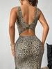 Summer Square Collar Leopard Printed Side Slit Long Dress Women Streetwear Bodycon Dress Sexy Sleeveless High Waist Tank Dresses