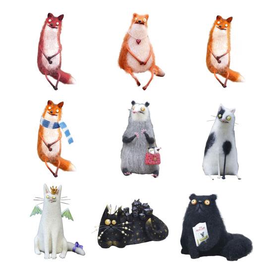 Yün Keçe Aile Ruhları İlginç El Yapımı Keçe Süsler Kaprisli Kedi/Opossum Bebekleri Koleksiyonluk Hayvan Figürü Masa Rafı Masaüstü Dekorasyonu İçin