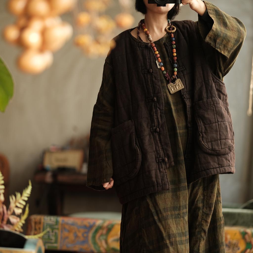 Johnature Women Vintage Winter Coats Old Coffee Warm Patchwork Pockets O-Neck Sleeveless Female Button Coats