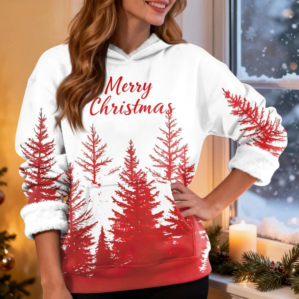 Women's Fashion Casual Long Sleeve Christmas Printed Hooded Sweatshirt