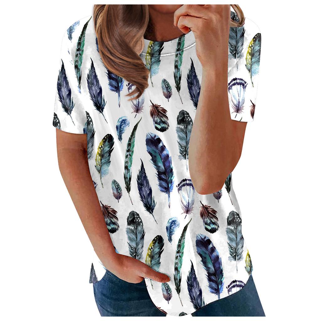 Women's Fashion Casual Loose Round Neck Feather Print Short Sleeve T-Shirt Top